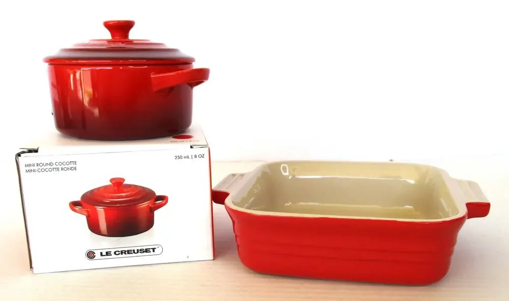 NIB LE CRUESET Mini Covered Round Cocette and 4-Inch Baking Dish Red Cast Iron